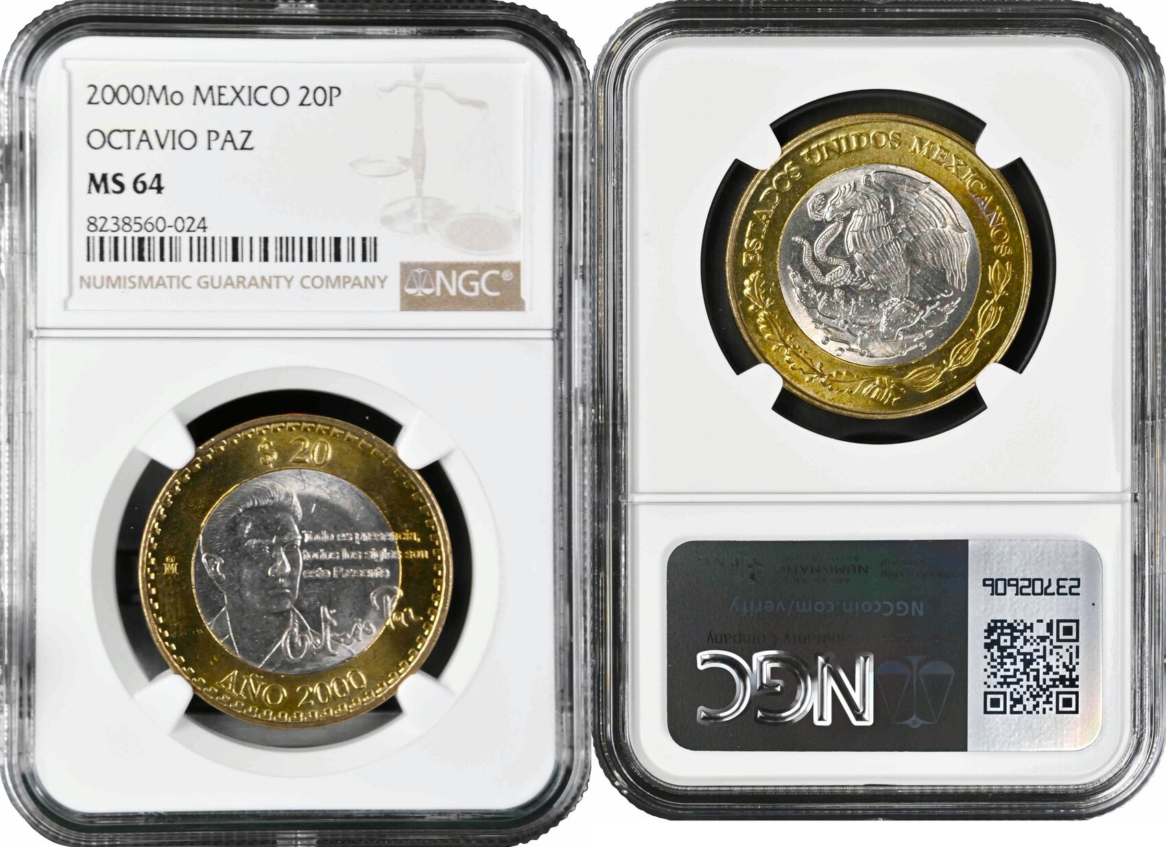 Mexico 20 pesos 2000 Mo, NGC MS64, Millennium - Octavio Paz