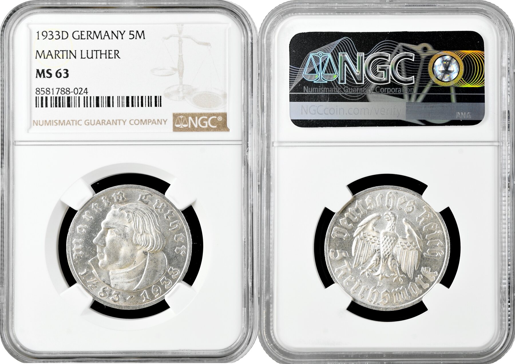 Germany - Third Reich 5 reichsmark 1933 D, NGC MS63, 450th