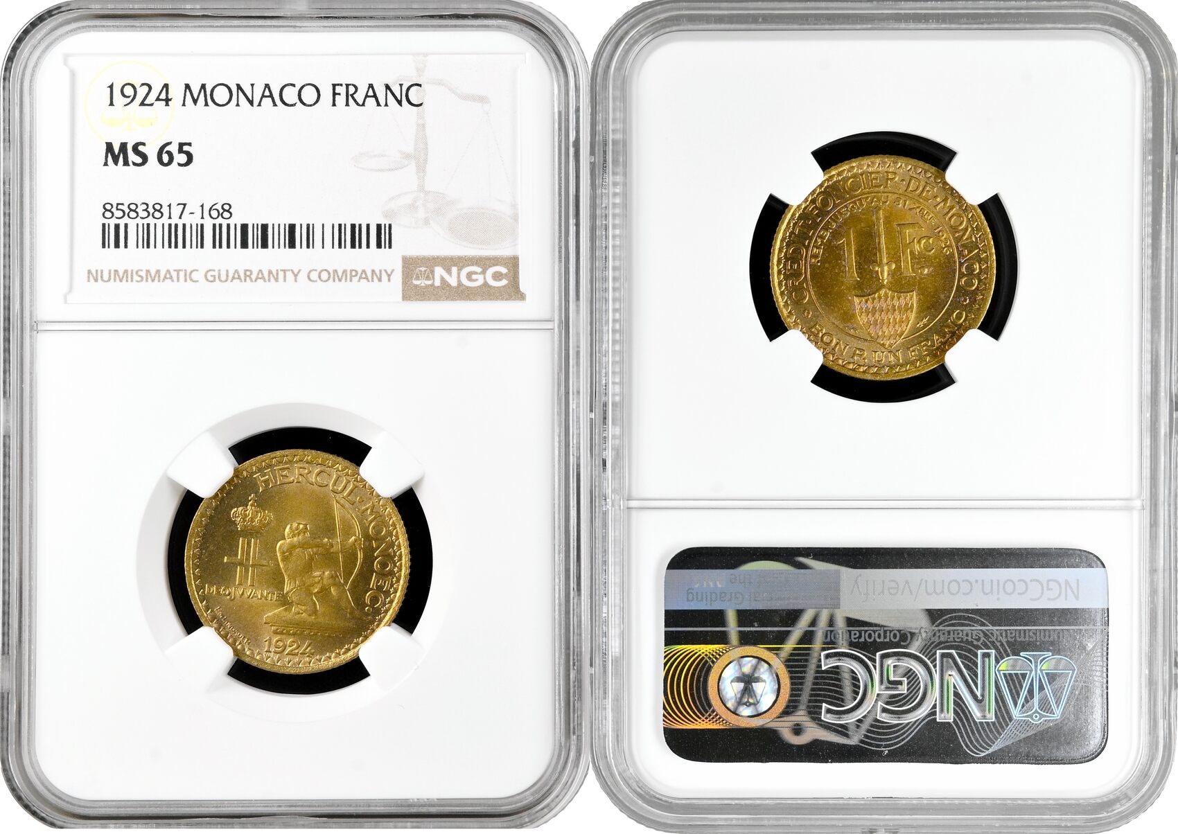 Monaco 1 franc 1924, NGC MS65, Prince Louis II (1922 - 1949) Monaco ...