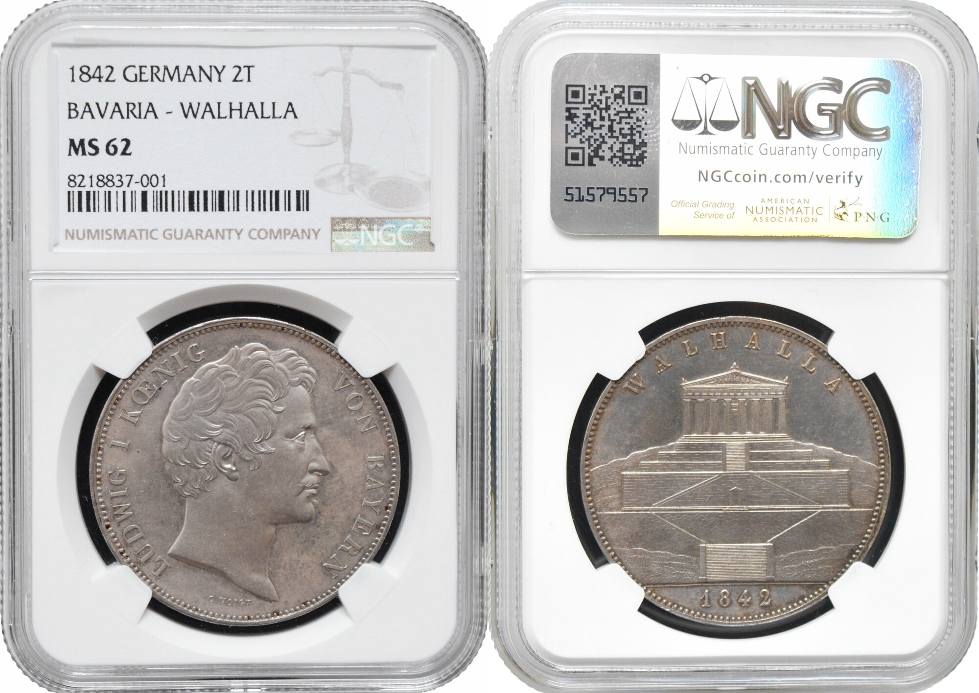 Bavaria 2 thaler 1842, NGC MS62, Walhalla silver coin Bavaria 1842