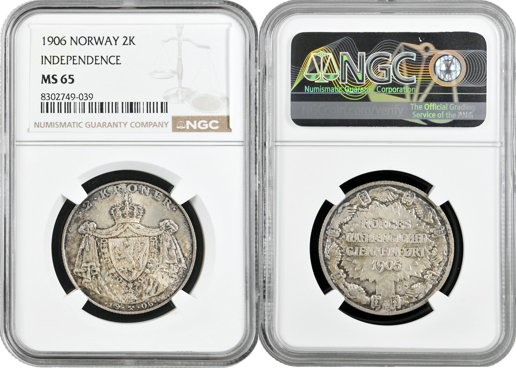 Norway 2 kroner 1906, NGC MS65, 1th Anniversary - Norwegian