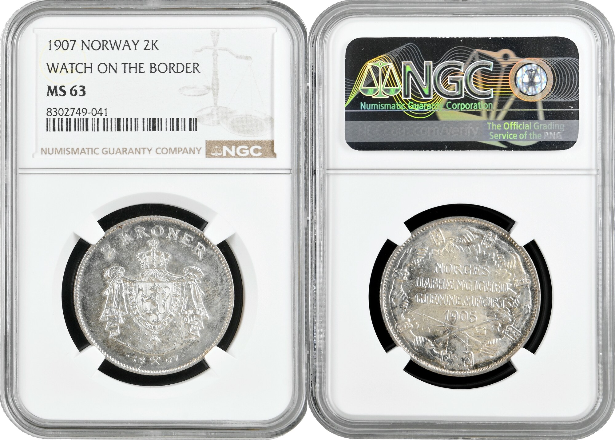 Norway 2 kroner 1907, NGC MS63, Watch on the border silver coin