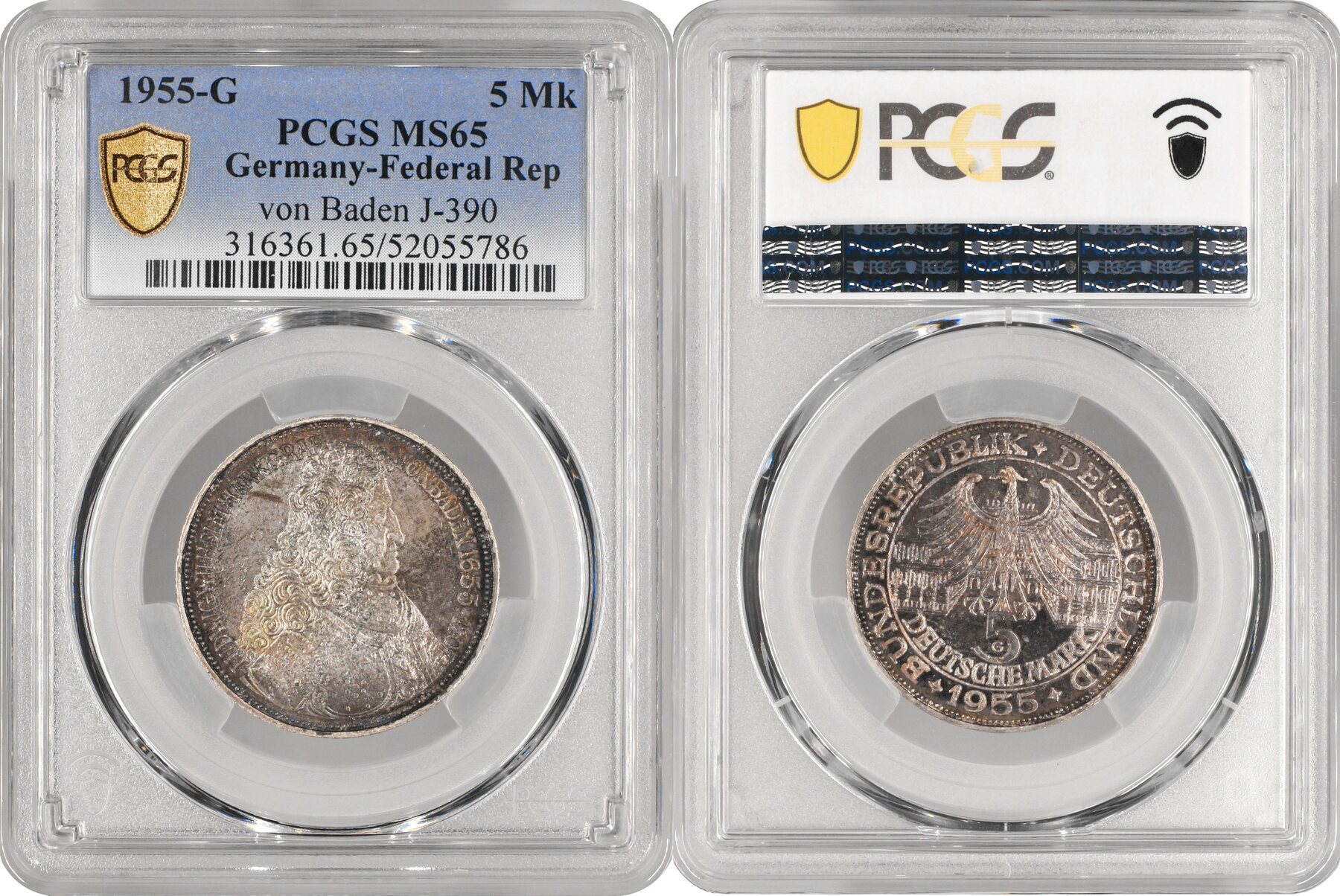 Germany - FRG 5 mark 1955 G, PCGS MS65, Birth of Ludwig von Baden ...