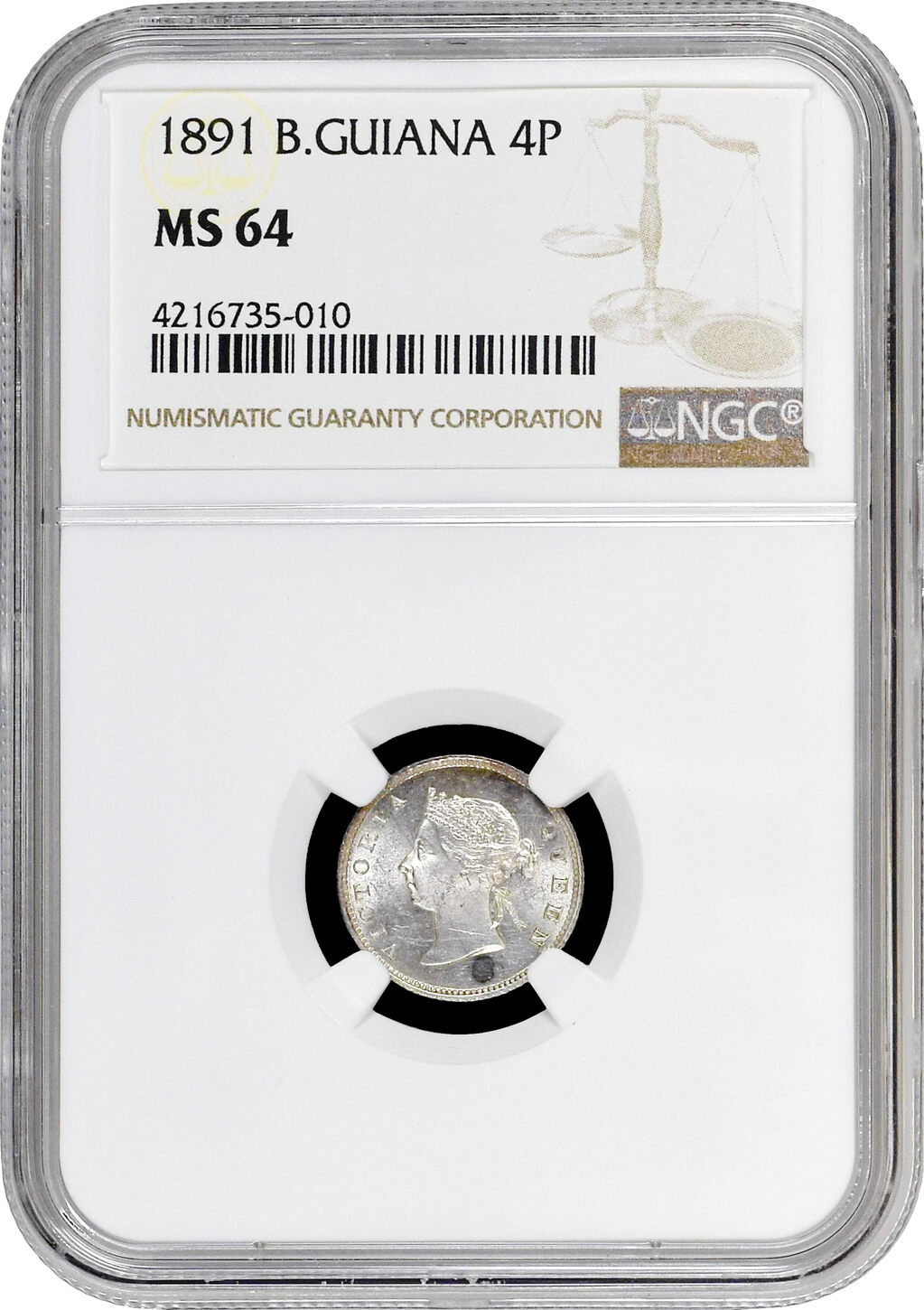 1891 British Guiana 4 pence 1891, NGC MS64, Queen Victoria (1891 1901