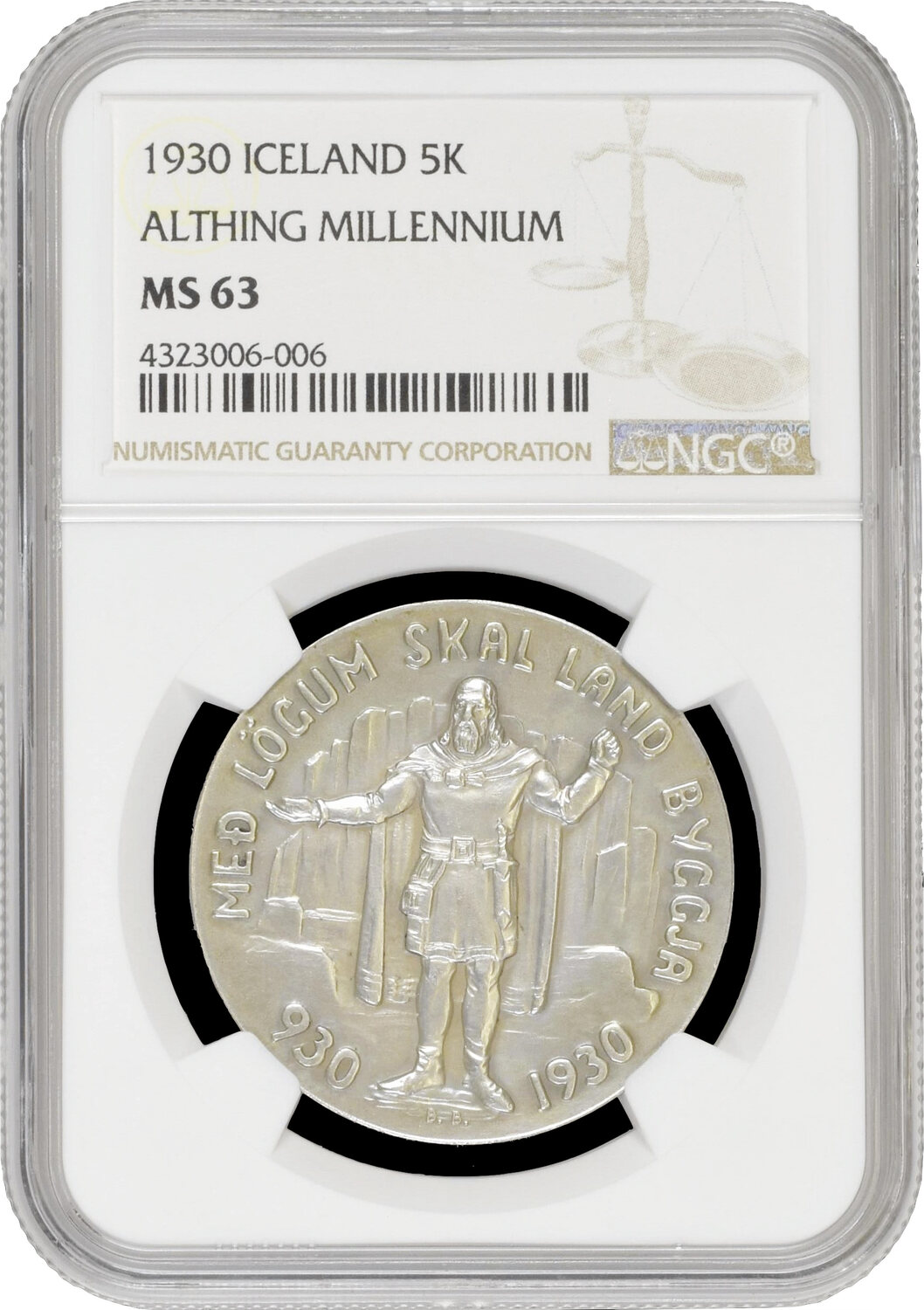 Iceland 5 kronur 1930, NGC MS63, 1000th Anniversary - Althing