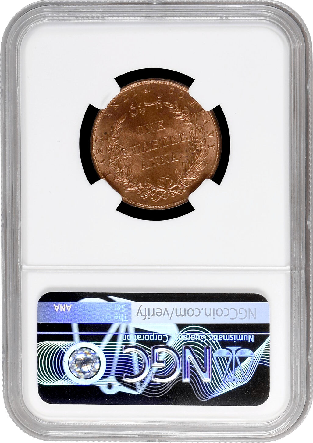 1858 India - British 1/4 anna 1858, NGC MS64 RD, East India