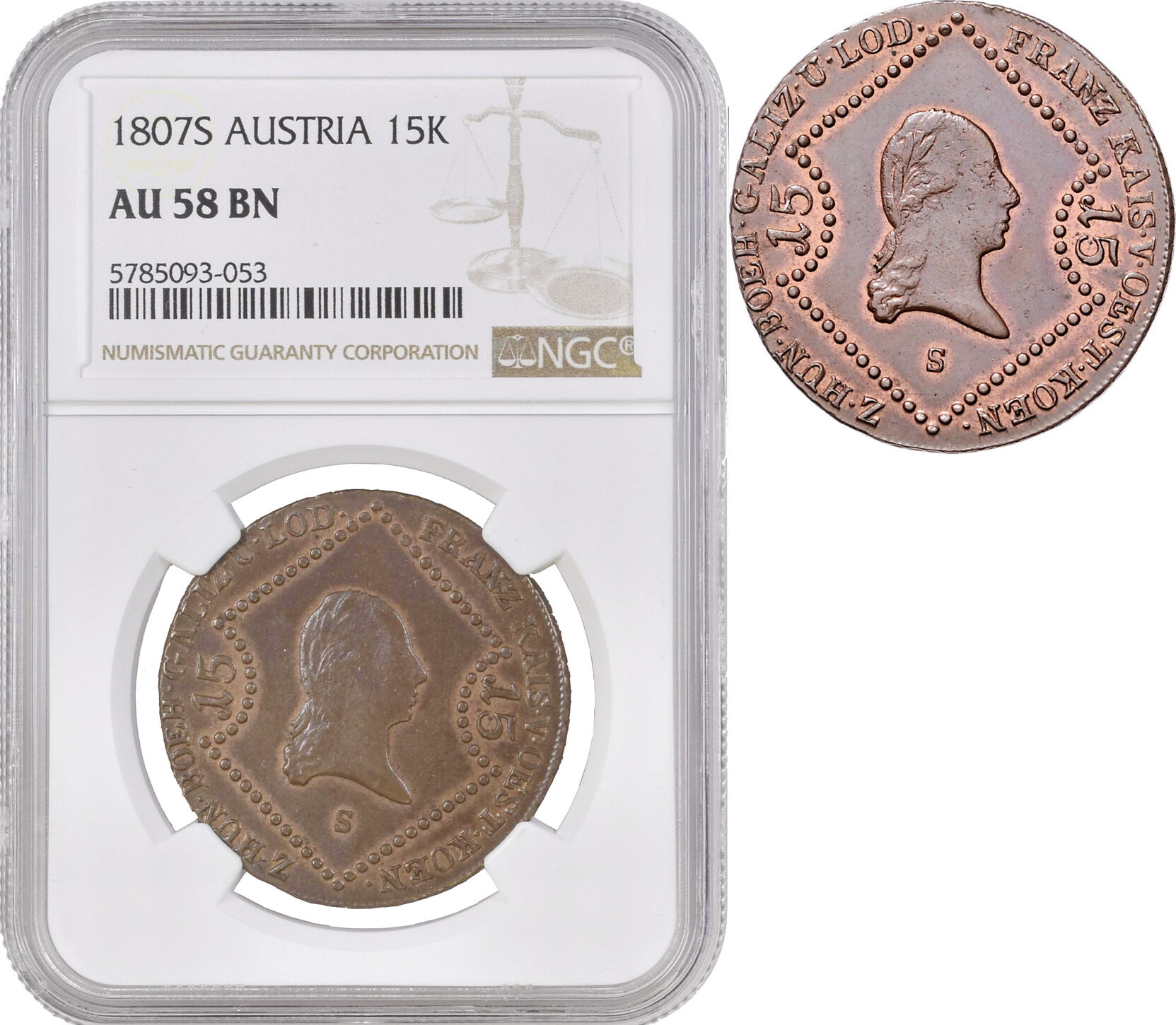 Austria 15 kreuzer 1807 S, NGC AU58, Emperor Franz II (1806 - 1835