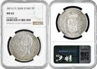 5 pesetas Spain 5 pesetas 1871 (71) SDM, NGC MS62, King Alfonso XII (1874 - 1885) -