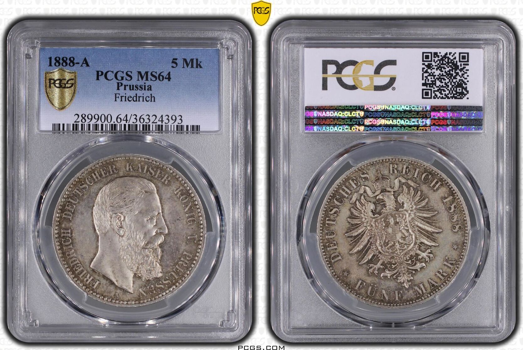 Prussia 1888-A 5 Mark Preussen 1888 99 Tage Kaiser Jaeger 99 PCGS MS64 ...