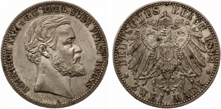 2 Mark Reuss ältere Linie 1892 Heinrich XXII CH UNC feine Patina | MA-Shops