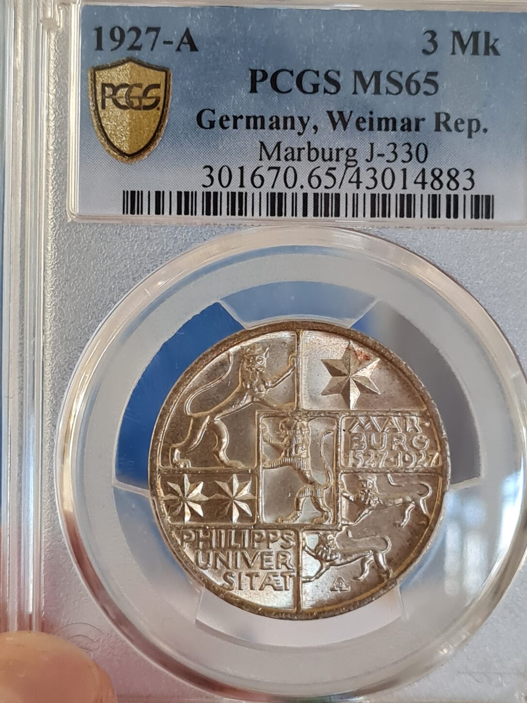 『PCGS MS65』ワイマール共和国3ライヒスマルク銀貨（1927年） UC最高鑑定】ドイツ ワイマール共和国 DINKELSBUHL 3ライヒス