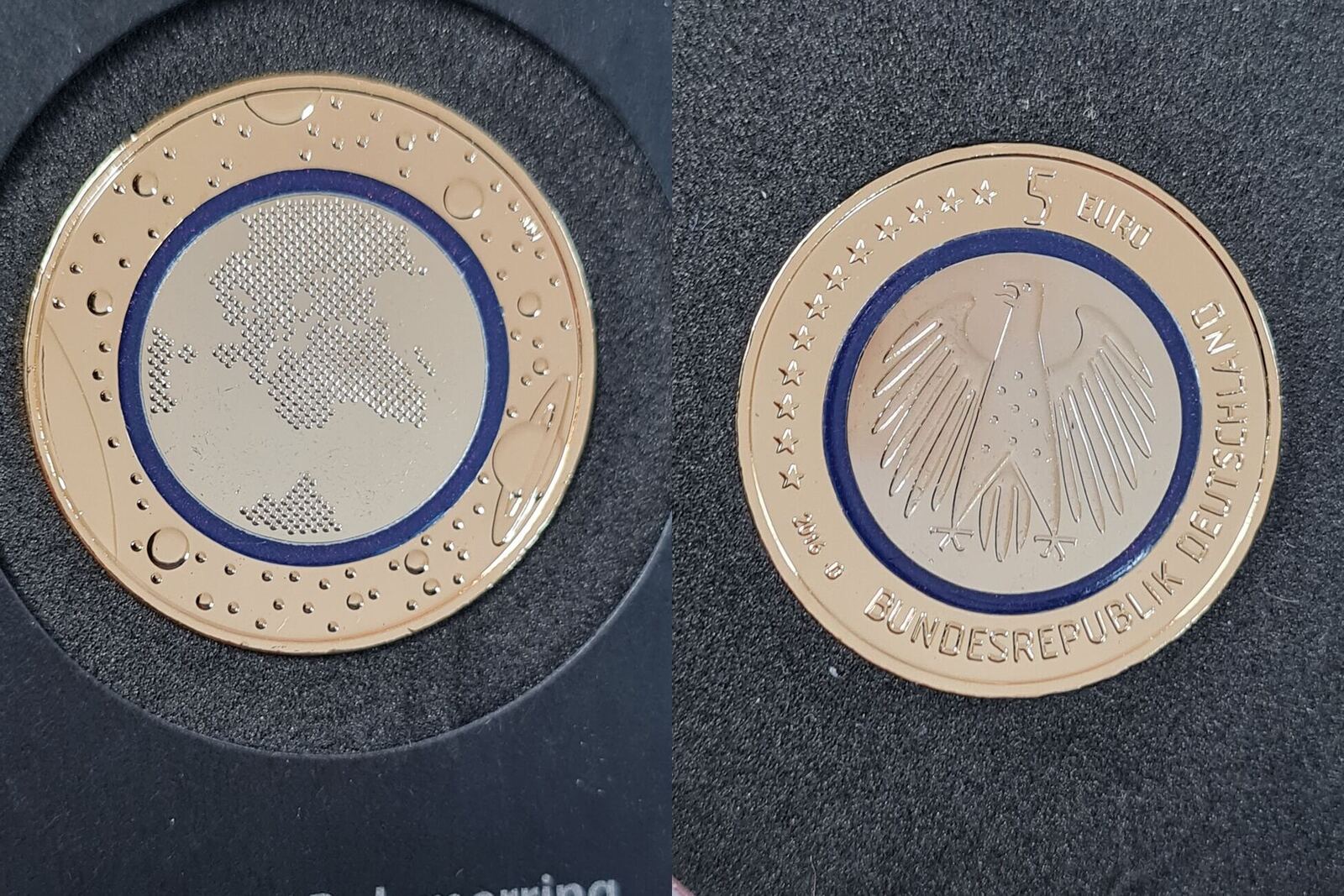 5 Euro Münze 2016 Blauer Planet Wert 2016 D 5 Euro Blauer Planet Beispielfoto / Archivfoto /Typenbeispiel