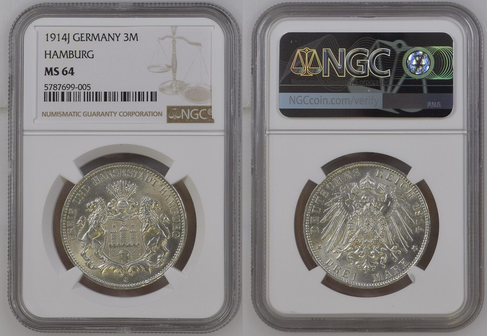 GERMANY 1914J 3 Mark Hamburg Jaeger 64 NGC MS 64 | MA-Shops