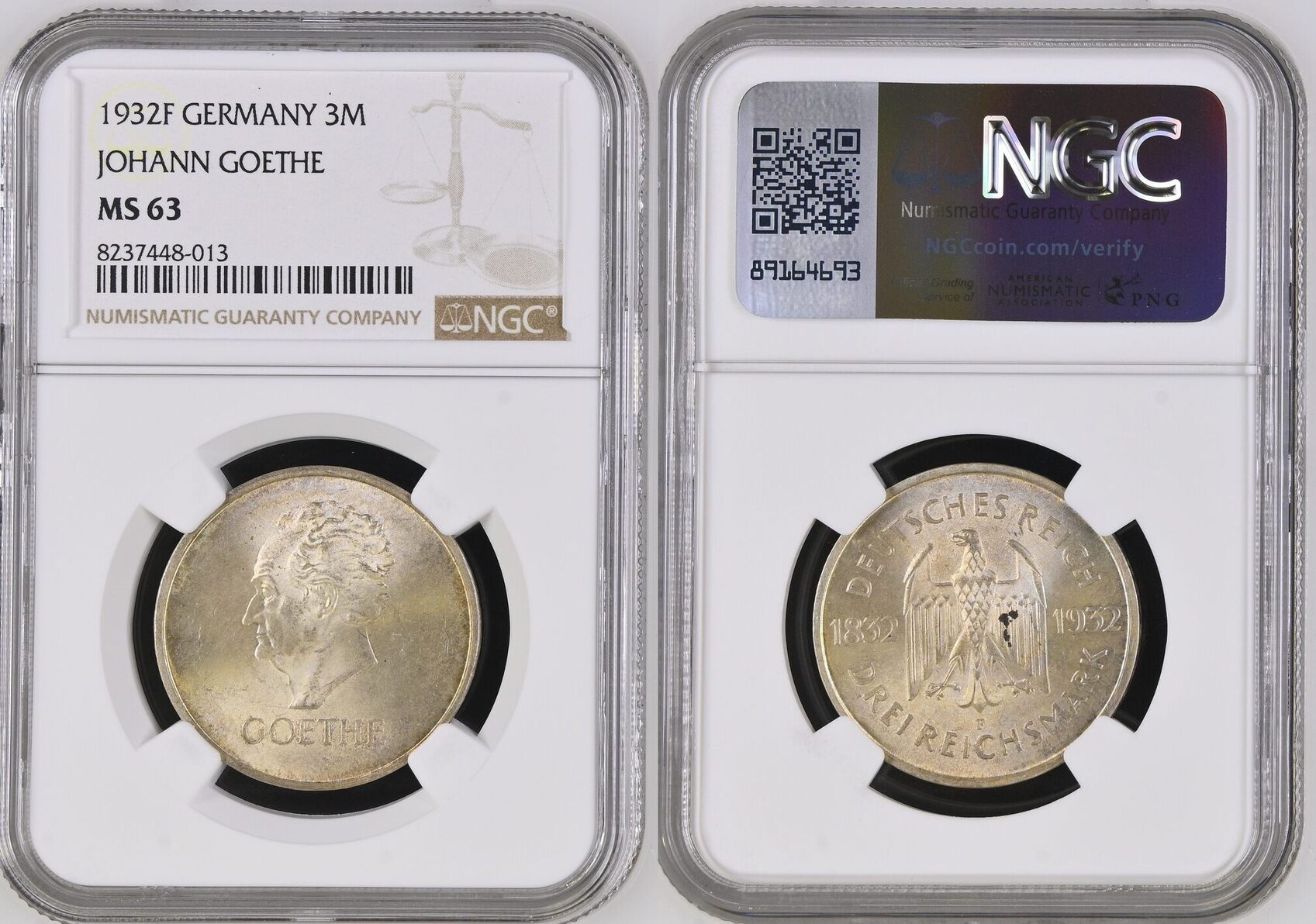 GERMANY 1932F 3 Mark Goethe NGC MS 63 | MA-Shops