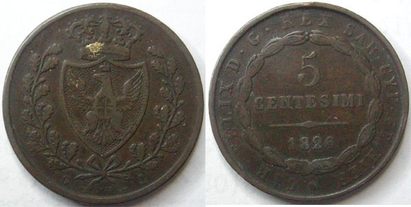 Italie Sardaigne Italie, 5 centesimi 1826,Car. Felix.d.g.rex  Sar.Cyp.et.Hier, KM.100 TB à TTB F-VF