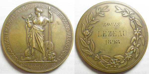 Médaille Ste de Tempérance pour l' Abus d' Alcool 1872 OUDINE bronze 