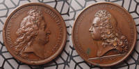 Louis XIV et Philippe Duc d'Anjou bronze LOUIS XIV et PHILIPPE Duc d'Orléans Roi d'Espagne, médaille en bronze de 40,5 mm, avènement de Duc au trône d'Esapgne 1700, TTB+ -