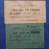 Bon alimentaire 1 franc Pantin, ville de Pantin lot de 2 bons alimentaire, 1 franc de lait et un bon rectifié un franc au lieu de un litre, année 1920, -