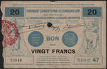 Emprunt garanti 20 francs Bon de 20 francs, Emprunt garanti par le consortium des communes de la région de Valenciennes et limitrophes, annulé, TTB -