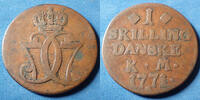 Danemark, Denmark 1 skilling DENMARK, DANEMARK, 1 skilling danske 1771, KM.616 TB+ -