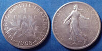 France 1 Franc 1 Franc 1908 semeuse de Roty, traces de nettoyage sinon TTB -