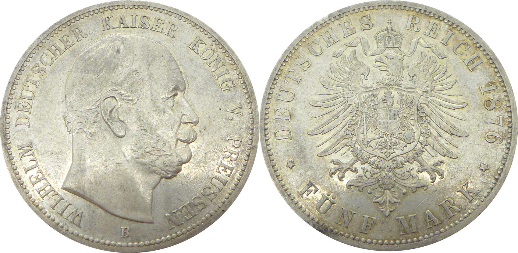 Fünf 5 mark deutsches reich 1876 b wilhelm preussen kaiser konig v silber silver 