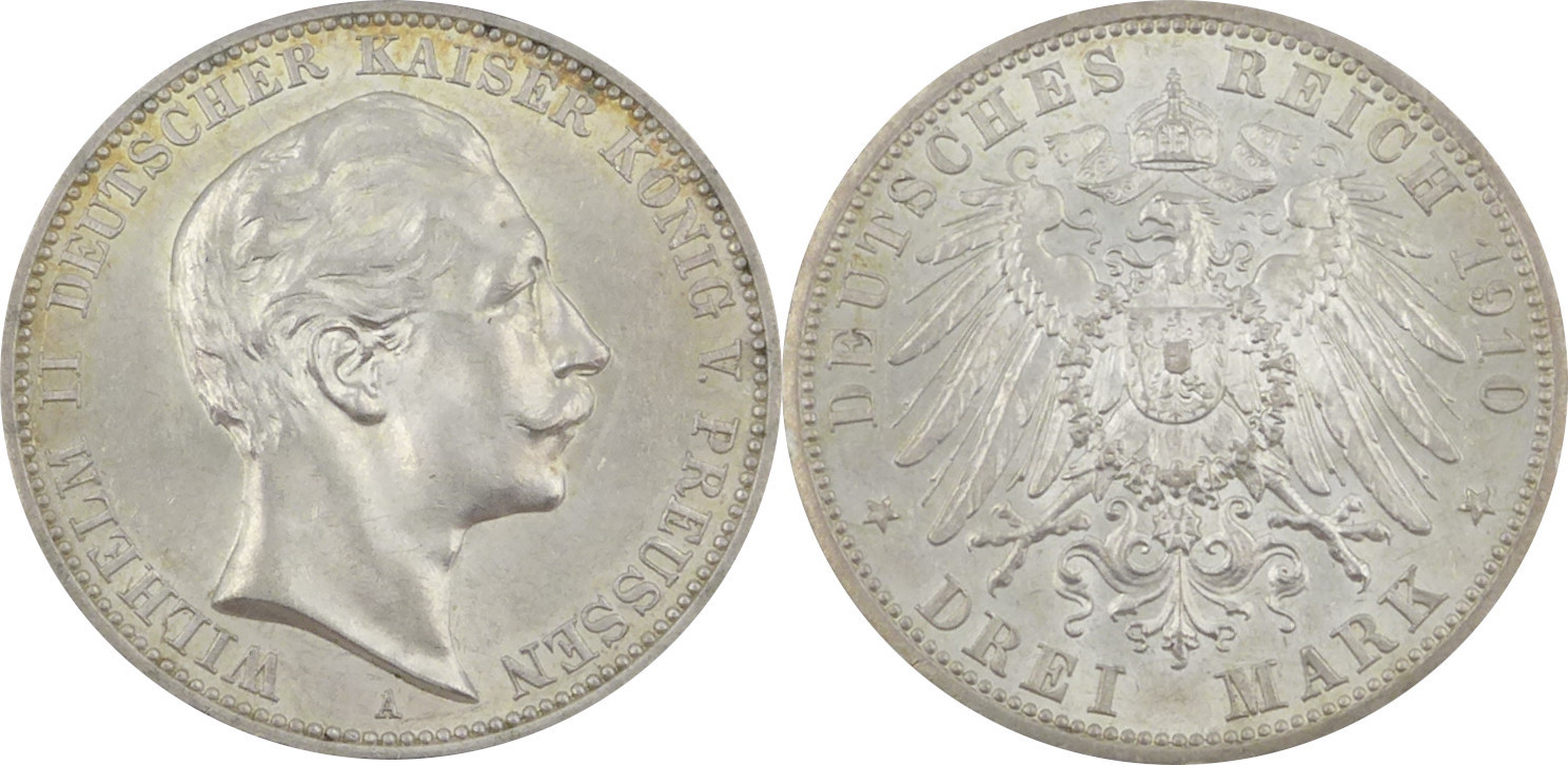 3 Mark 1910 A Wilhelm II. Deutscher Kaiser König v. Preussen J.103 BU 3 Mark 1910 A Wilhelm II. Deutscher Kaiser König v. Preussen J.103 BU