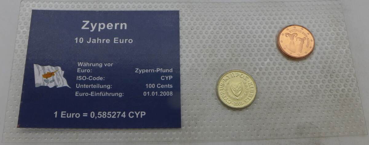 Zypern 1 Cent (CYP) + 1 Cent (EUR) 2003 / 2008 Kursmünzen CH UNC / BU
