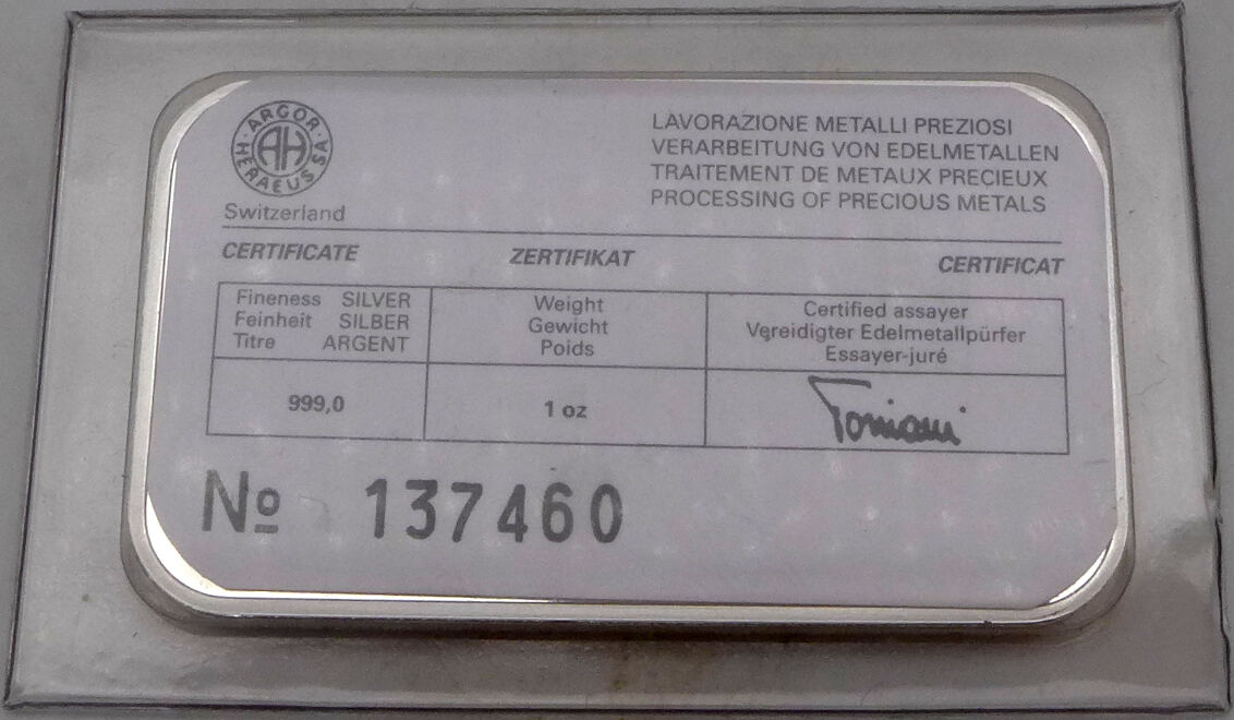 Schweiz 1 Oz o. J. Argor Heraeus - Philswiss Club - 1 Unze