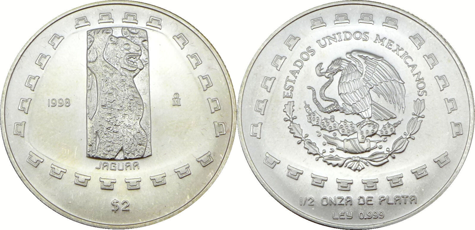 Mexiko 2 Pesos 2 1998 Mo Jaguar 1 2 Onza de Plata Ley 0.999