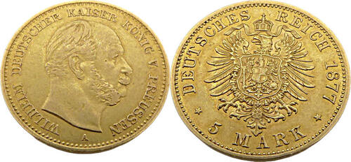 Kaiserreich Preußen 5 Mark 1877 A Wilhelm I. Jäger 244 VF / EF