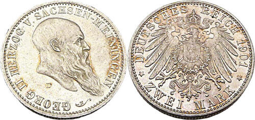 Kaiserreich Sachsen-Meiningen 2 Mark 1901 D 75. Geburtstag von Georg II. J.149 fast BU, leichte Pati
