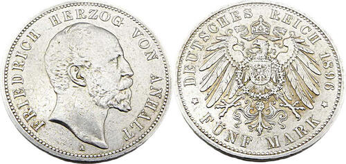 Kaiserreich Anhalt 5 Mark 1896 A 25 Jahre Herrschaft von Friedrich I. Jäger 21 ss/vzgl,leichte Patin