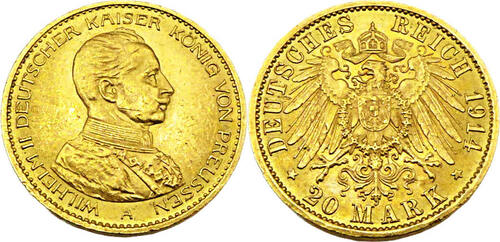 Kaiserreich Preußen 20 Mark Wilhelm II. Deutscher Kaiser König von Preussen, J.253,1914 A EF,leichte