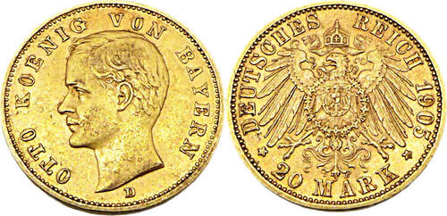 Kaiserreich Bayern 20 Mark Otto könig von Bayern,J.200, 1905 D Sehr Schön-Vorzüglich