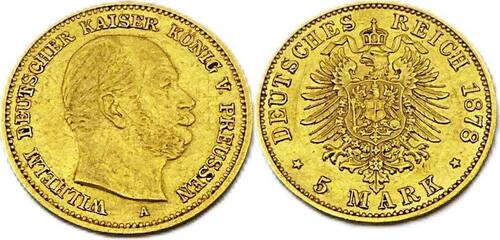 Kaiserreich Preußen 5 Mark 1878 A Wilhelm I. Deutscher Kaiser König von Preussen, J.244 Vzgl+
