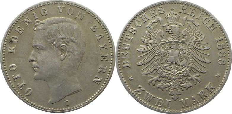 Deutschland Bayern 1888 D J43 2 Mark Otto 