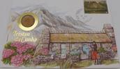 Tristan da Cunha 20 Pence Numisbrief - Frau mit Kindern vor Haus aus Steinen und Bergpanorama -