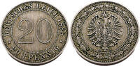 Kaiserreich Deutschland 20 Pfennig 20 Pfennig, Kleiner, gestreckter Reichsadler mit dem Kopf nach links,J.6 -