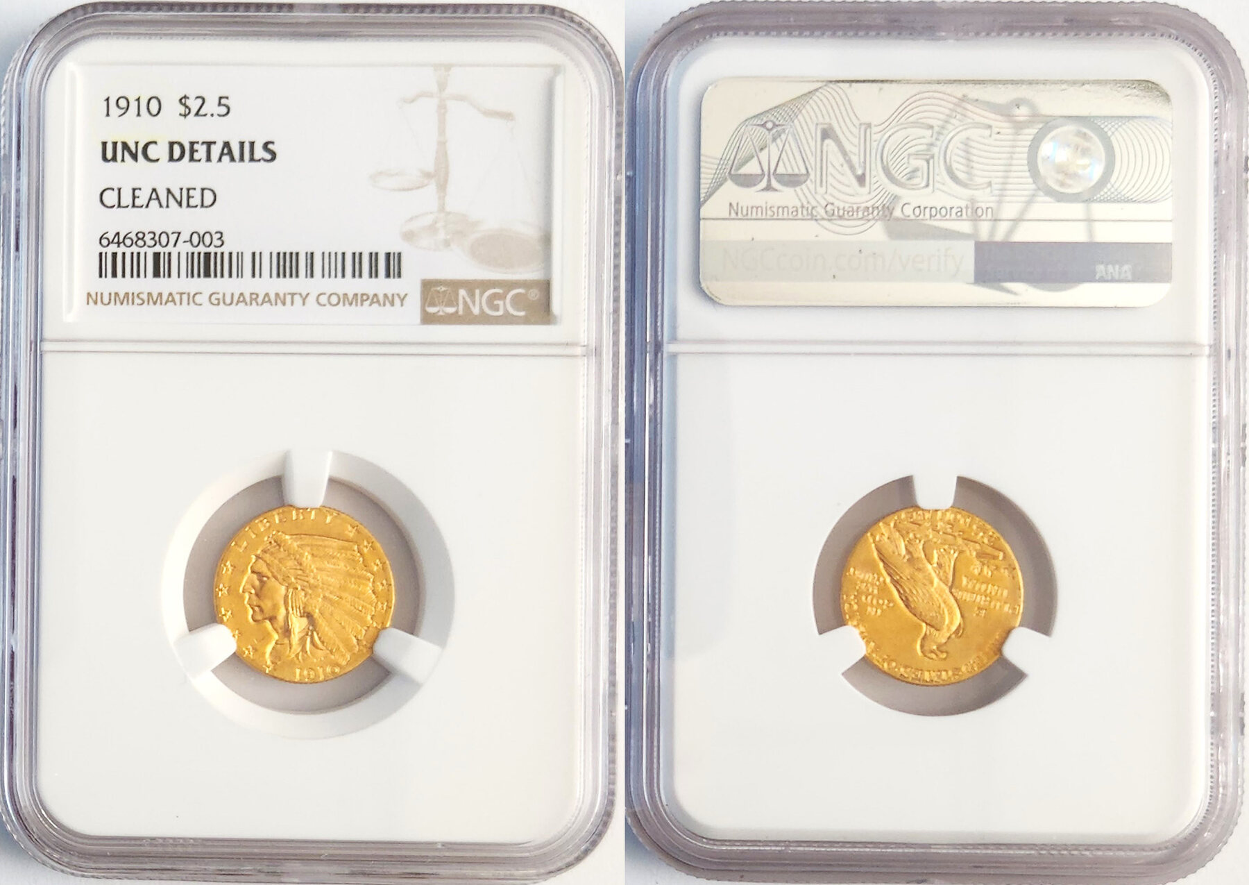 1910 Gold 2.5 Dollar Indian Head United States NGC