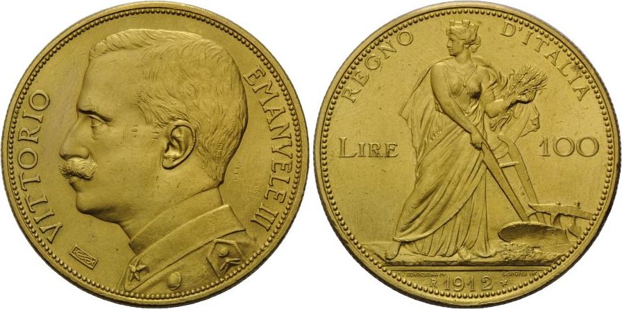 Italien, 100 Lire 1912 R, Vittorio Emanuele III., 1900-1946, kl.  Rdf., UNC MA-Shops