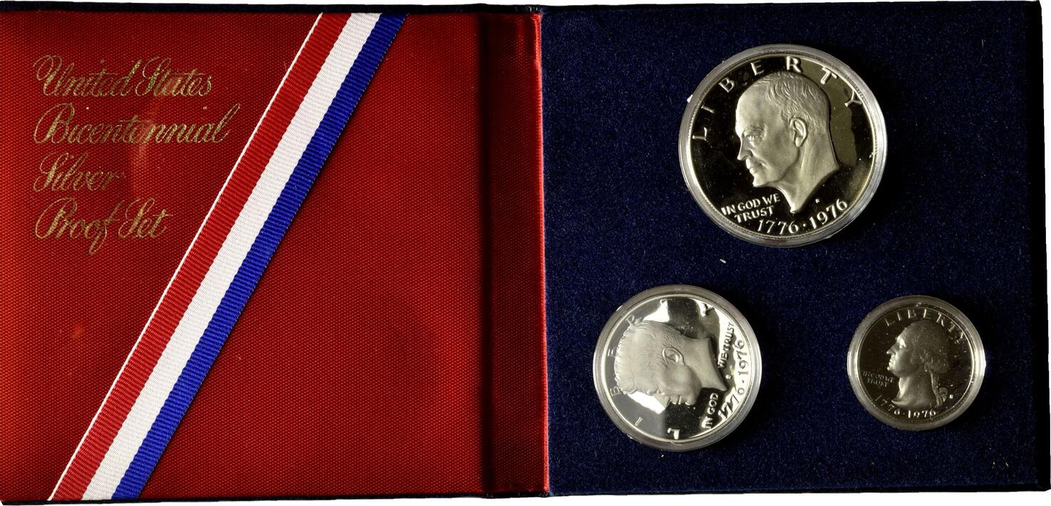 USA, 1/4, 1/2 und 1 Dollar 1976, United States Bicentennial Silver Proof  Set, Zertifikat, Proof