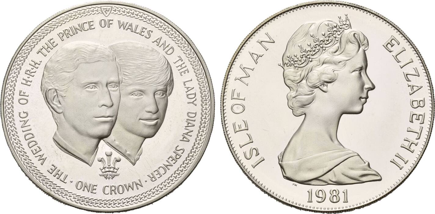 Isle of Man, 1 Crown 1981, Hochzeit von Prinz Charles und Lady Diana ...