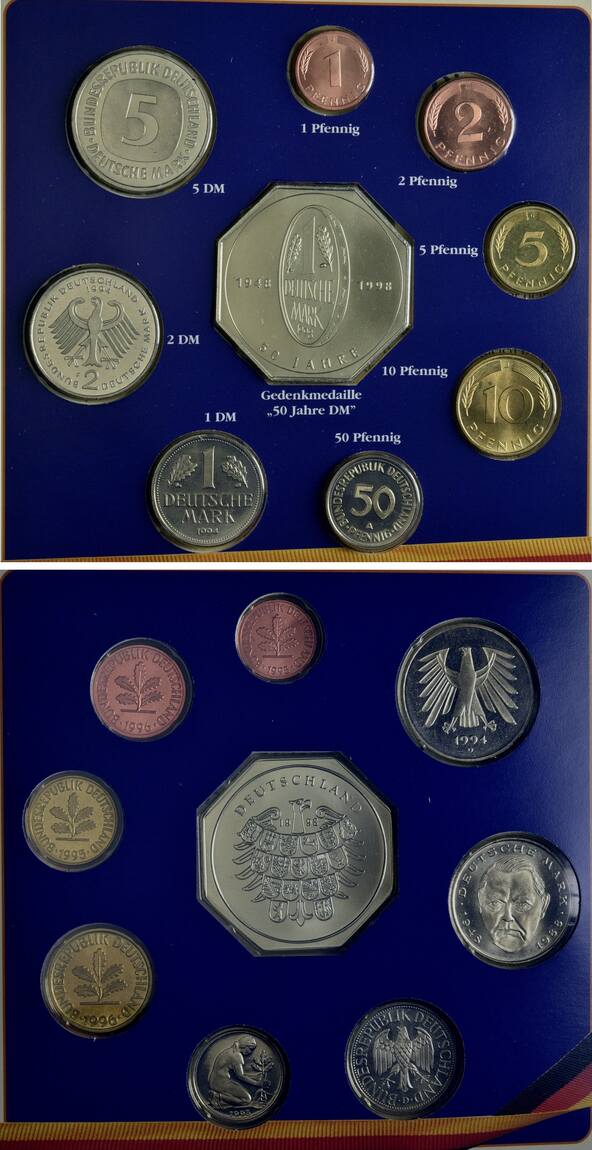 Deutschland, Kursmünzensatz Medaille 1998, 50 Jahre Deutsche Mark 9 ...