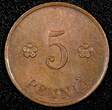 FINLAND Copper 1929 5 Penniä CHOICE UNC Toned KM# 22 (24 013)