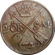 SWEDEN COPPER Frederick I 1749 2 Ore, S.M. Struck at Avesta Mint KM# 437(2335) Uncertified