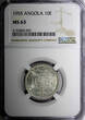 10 Escudos ANGOLA Portuguese Colony Silver 1955  NGC MS63 KM# 73 (001)
