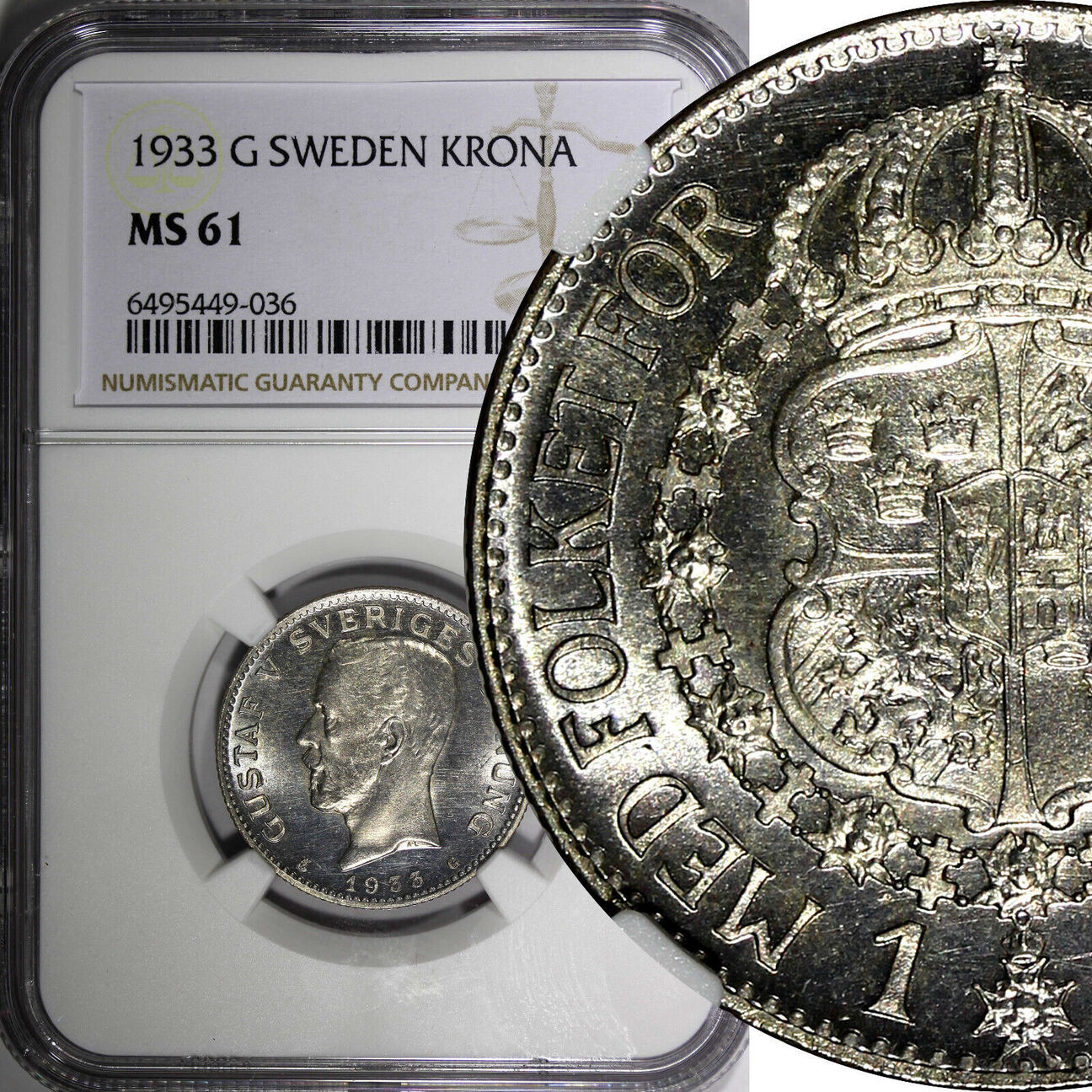 1 Krona SWEDEN Gustaf V Silver 1933 G NGC MS61 PROOF LIKE Flashy KM ...