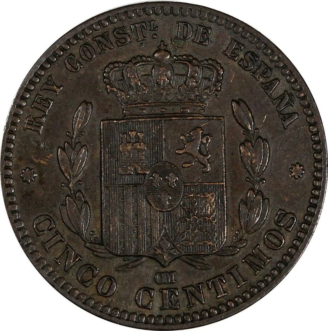 5 Centimos Spain Alfonso XII Bronze 1877 OM XF Condition KM# 674 (19 526)  Uncertified | MA-Shops