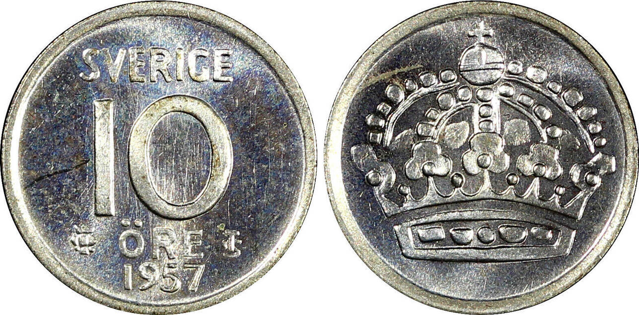 10 Öre Sweden Gustaf VI SILVER 1957 GEM BU COIN KM# 823 (22